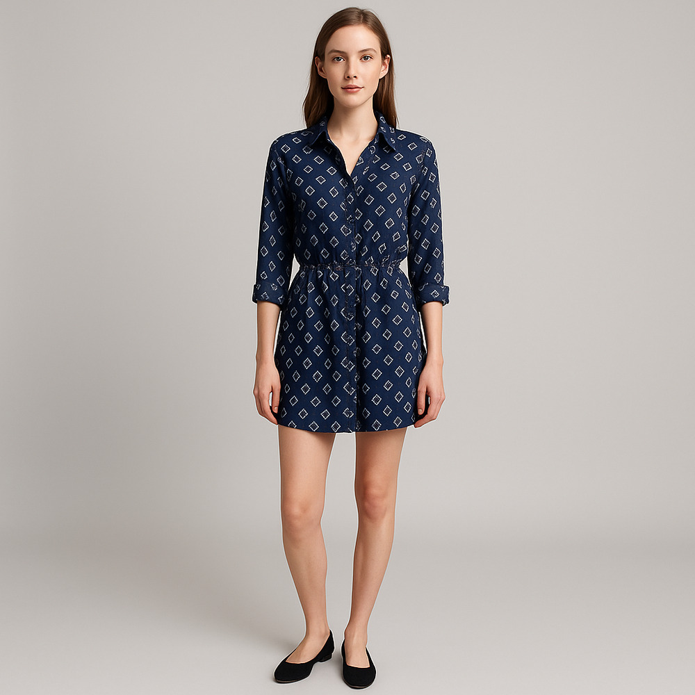 Indulge in Style Blue Black White Purple Print Shirt Dress Medium